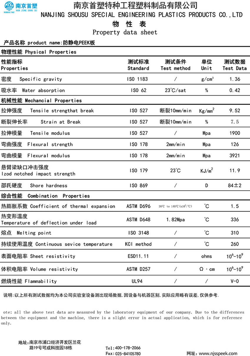 PEEK防靜電棒板參數(shù)表